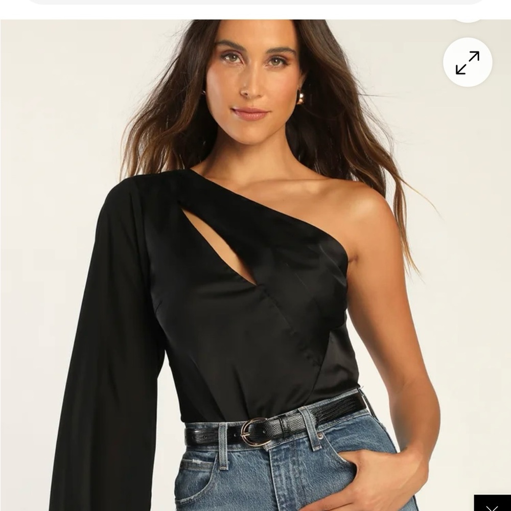 Black Satin One-Shoulder Long Sleeve Bodysuit.